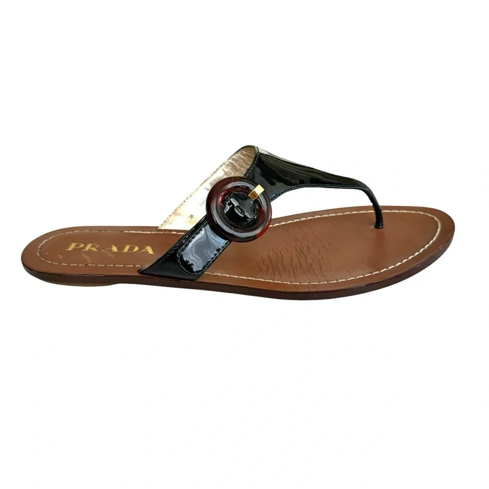 PRADA Black Patent Flat Sandals Leather Thong Slides Women’s 38 - Picture 9 of 17